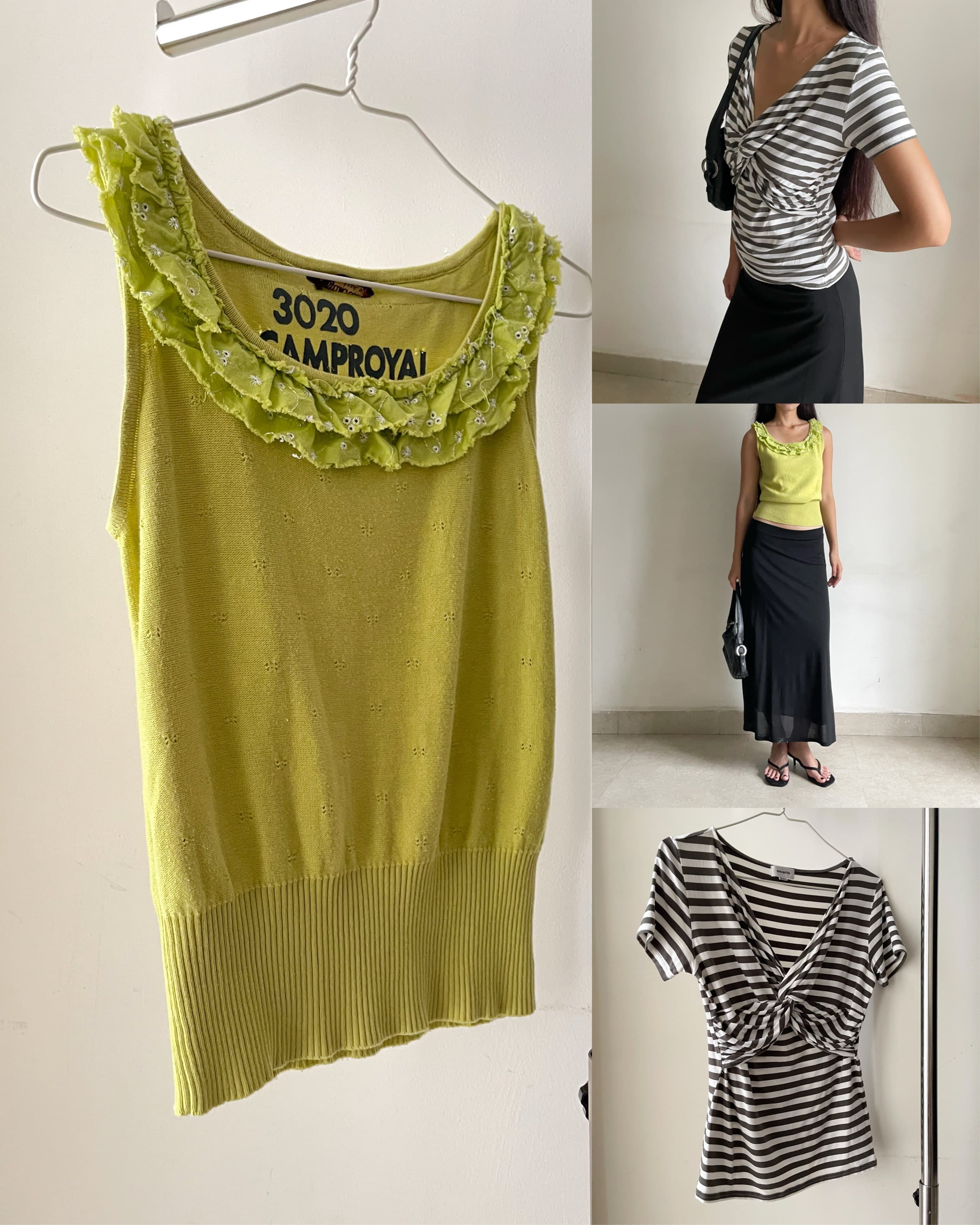 1. Ruffle scoop neck knit top 
Length 53 | Chest 78~85 | Waist 64~68 | 🏷️315
2. Striped twisted v neck top 
Length 54 | Chest 78~88 | 🏷️285

T072652
T072659