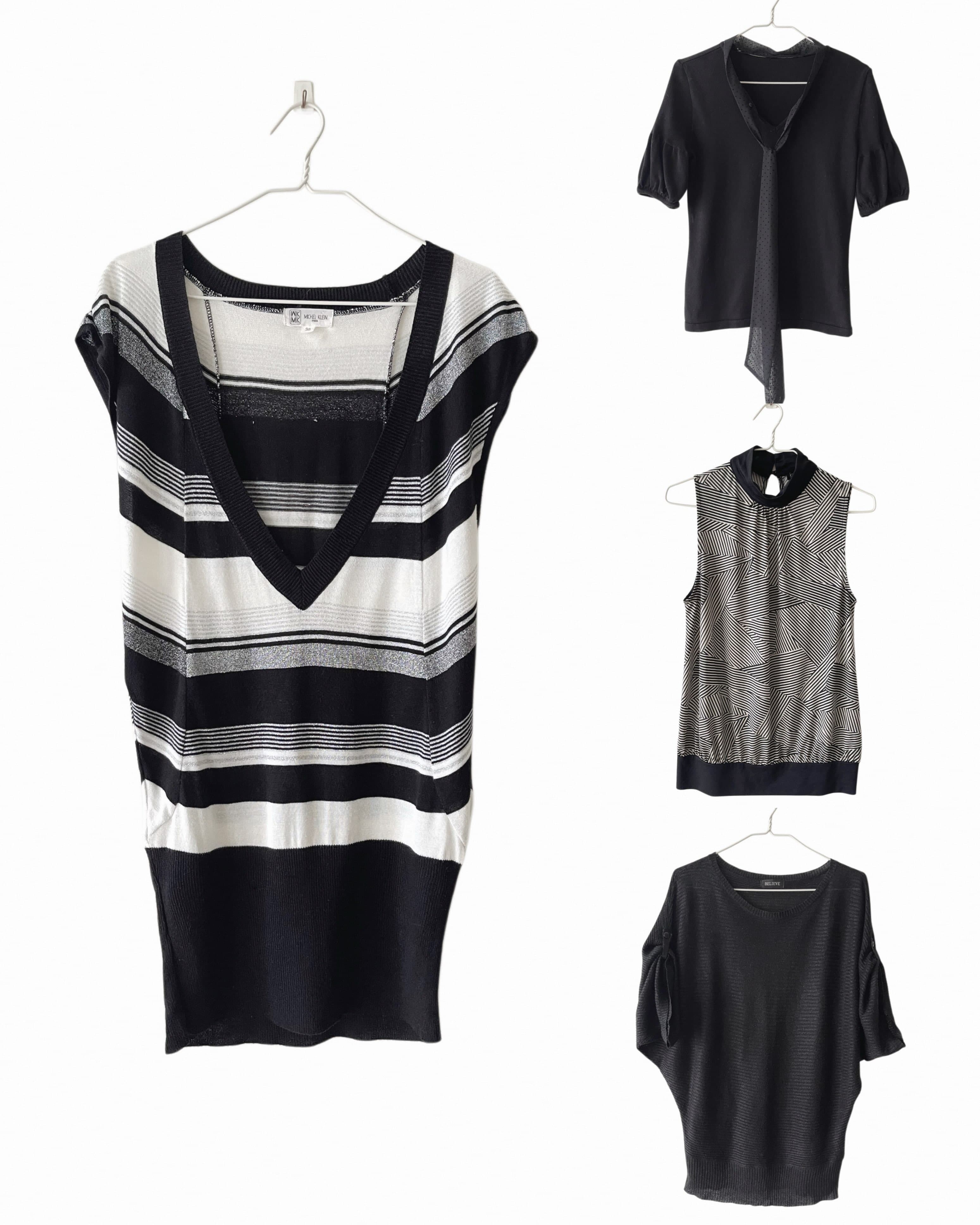 1. Michel klein deep v-neck striped knit blouse
Length 79 | Hip 85~100 | 🏷️435
2. Tie neck knit top
Length 56 | Chest 75~88 | 🏷️295
3. High neck sleeveless geometric pattern blouse 
Length 63 | Chest 78~95 | 🏷️315
4. Knit oversized blouse 
Length 70 | 🏷️315 SOLD

T092642
T092644
T092649
T092650